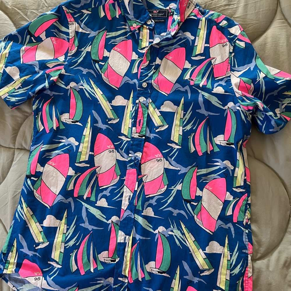 Set Sail ⛵️ Bright Sailboat Print Button-Up Shirt with Pink & Green Accents